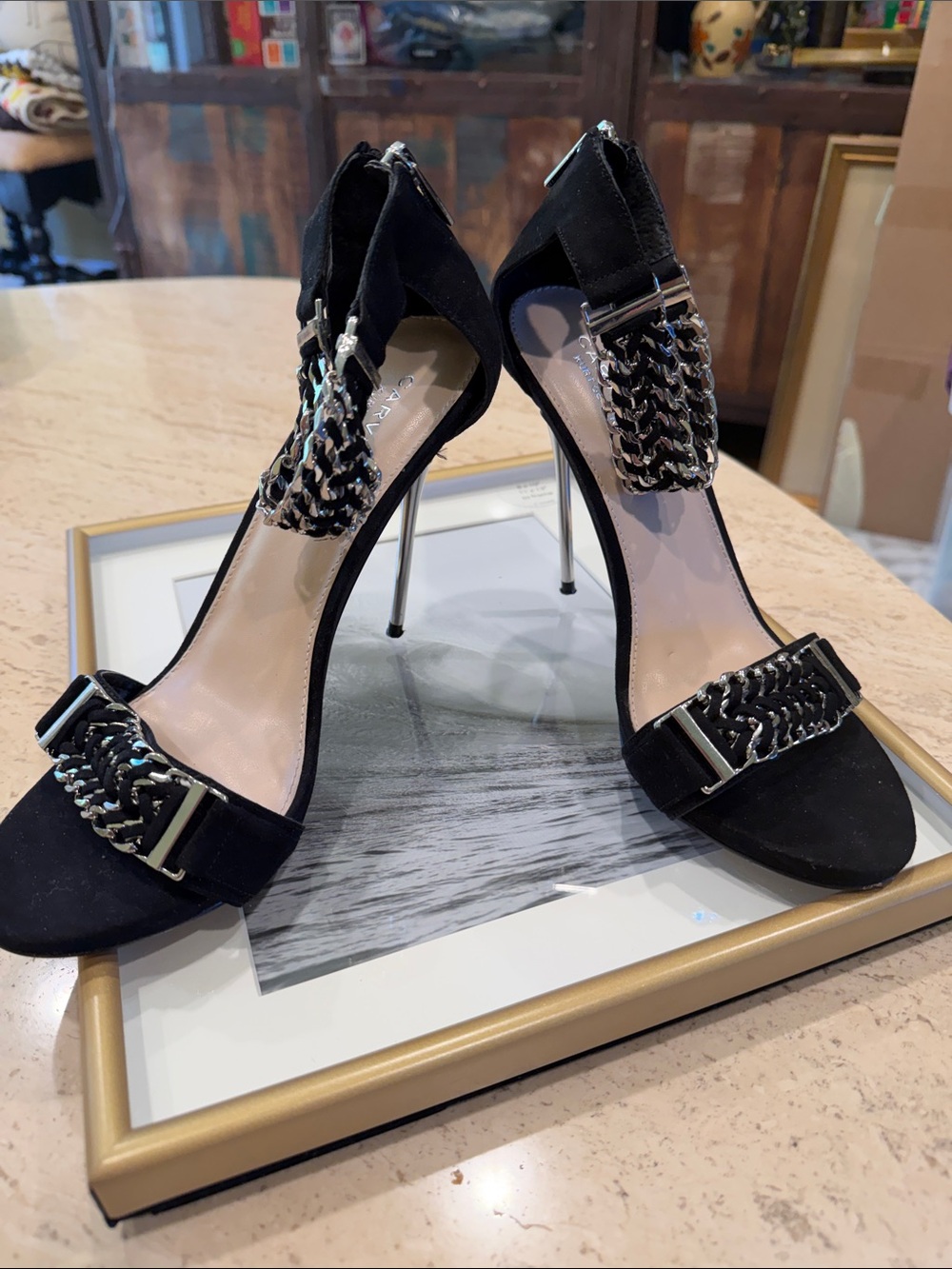 Carvela Kurt Geiger Black Suede Stiletto Heel with Silver Metallic Chain Details